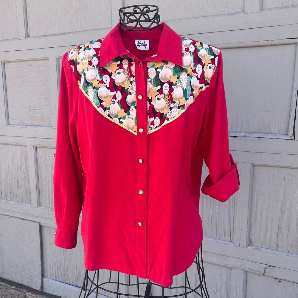 VNT Tapestry Western Style "St. Nick" Red Button Down Roll-Up Sleeves Shirt: XL